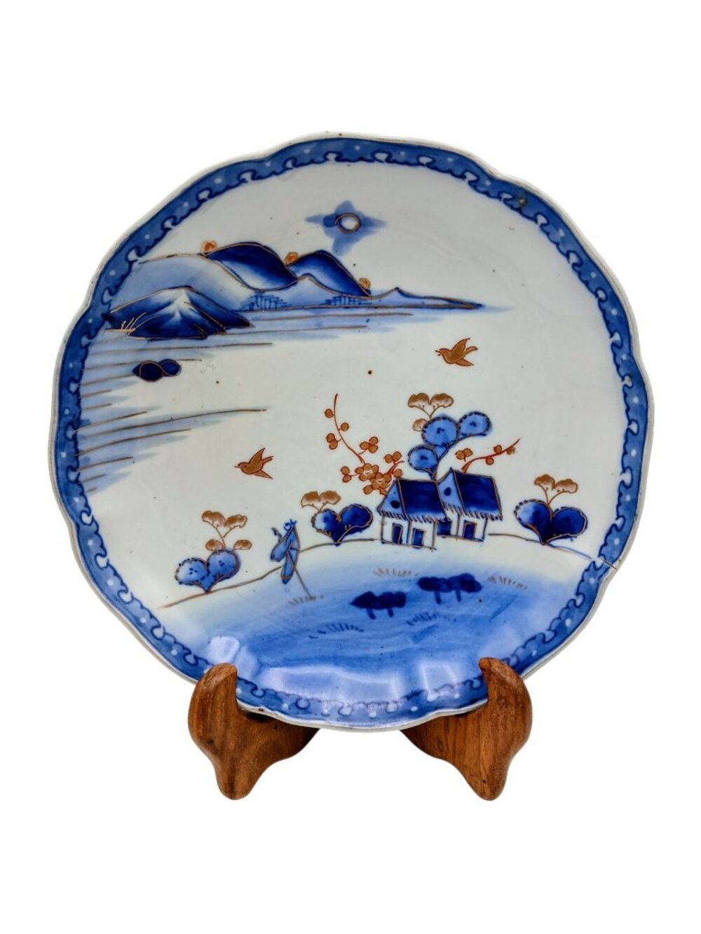 Antique Japanese Arita Ko Imari Scenic Bowl Dish Blue White Gilt 9.75"